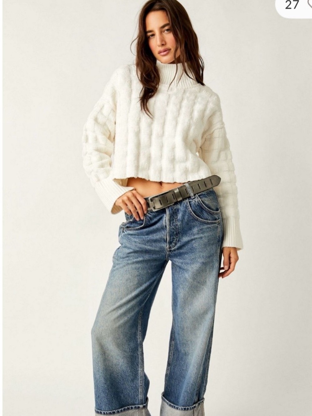 We The Free Cropped Cable Turtleneck Sweater in Cream